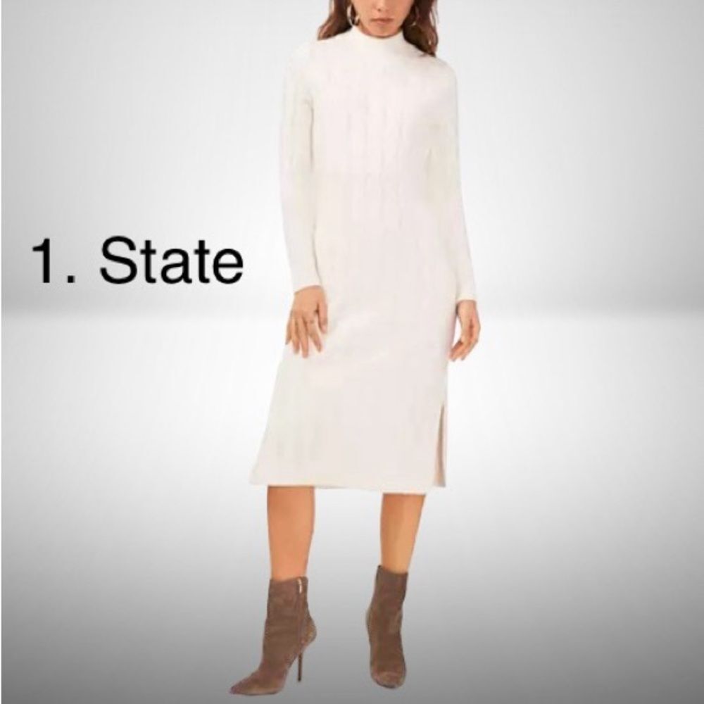 NEW 1. State Cable Knit Ivory Mock Neck Midi Long Sleeve Knit Sweater Dress - L